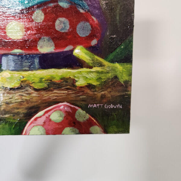 groucho snail in mushroom forest original acrylic painting on wood by matt godwin 5x7 - Buy Art for Sale By Artist - Handmade in South Florida USA