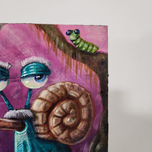 groucho snail in mushroom forest original acrylic painting on wood by matt godwin 5x7 - Buy Art for Sale By Artist - Handmade in South Florida USA