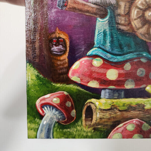 groucho snail in mushroom forest original acrylic painting on wood by matt godwin 5x7 - Buy Art for Sale By Artist - Handmade in South Florida USA