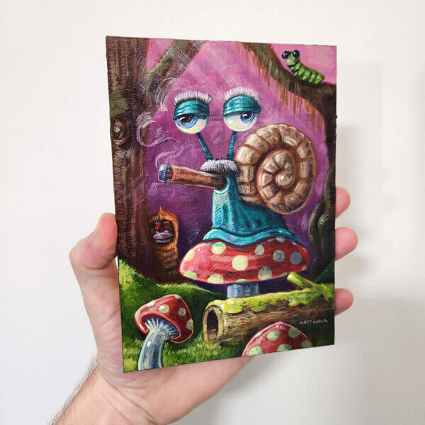 groucho snail in mushroom forest original acrylic painting on wood by matt godwin 5x7 - Buy Art for Sale By Artist - Handmade in South Florida USA