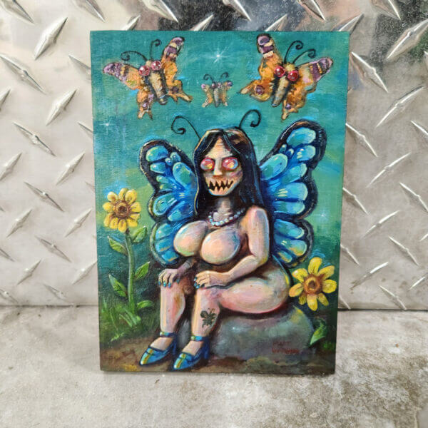 horror butterfly fairy original acrylic painting on wood by matt godwin 5x7 - Buy Art for Sale By Artist - Handmade in South Florida USA