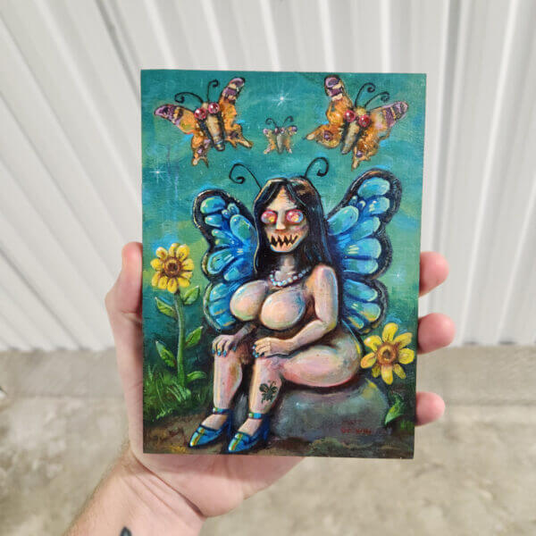 horror butterfly fairy original acrylic painting on wood by matt godwin 5x7 - Buy Art for Sale By Artist - Handmade in South Florida USA