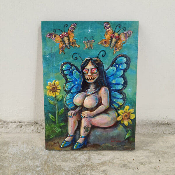 horror butterfly fairy original acrylic painting on wood by matt godwin 5x7 - Buy Art for Sale By Artist - Handmade in South Florida USA