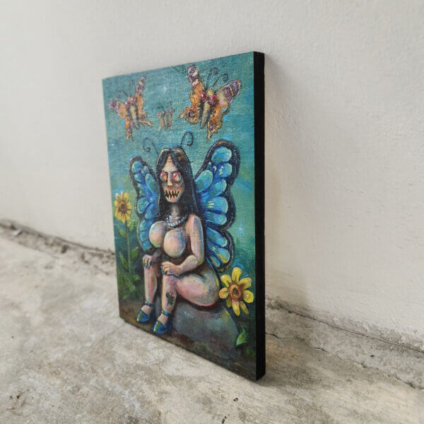 horror butterfly fairy original acrylic painting on wood by matt godwin 5x7 - Buy Art for Sale By Artist - Handmade in South Florida USA