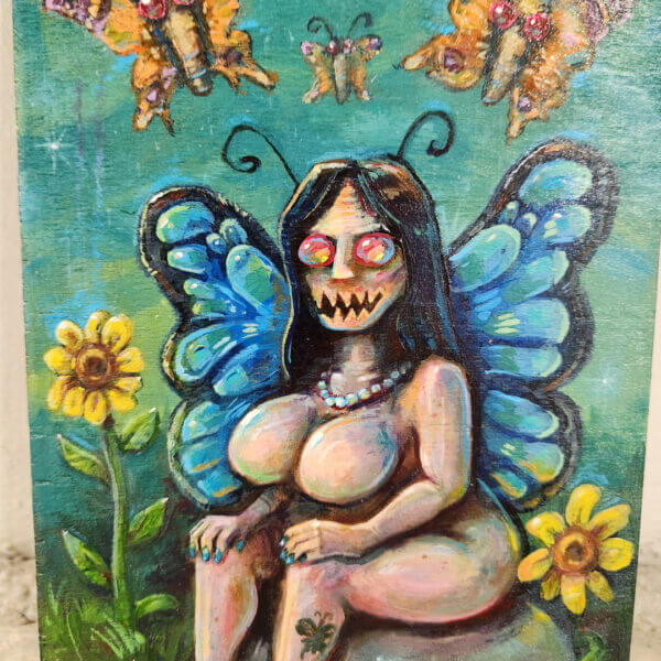 horror butterfly fairy original acrylic painting on wood by matt godwin 5x7 - Buy Art for Sale By Artist - Handmade in South Florida USA