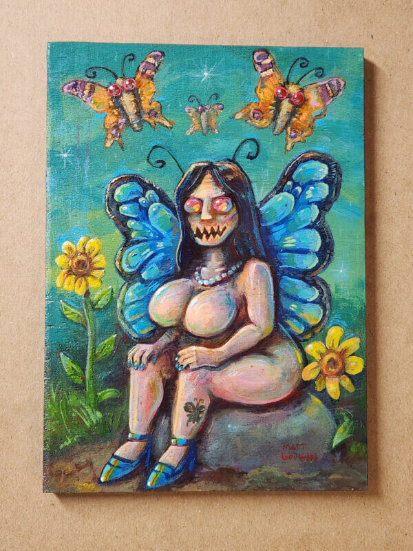 horror butterfly fairy original acrylic painting on wood by matt godwin 5x7 - Buy Art for Sale By Artist - Handmade in South Florida USA