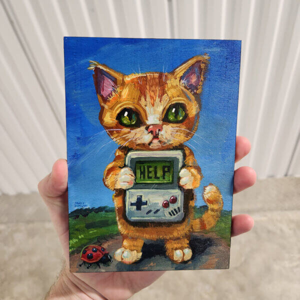 kitten with gameboy in trouble original acrylic painting on wood by matt godwin 5x7 - Buy Art for Sale By Artist - Handmade in South Florida USA