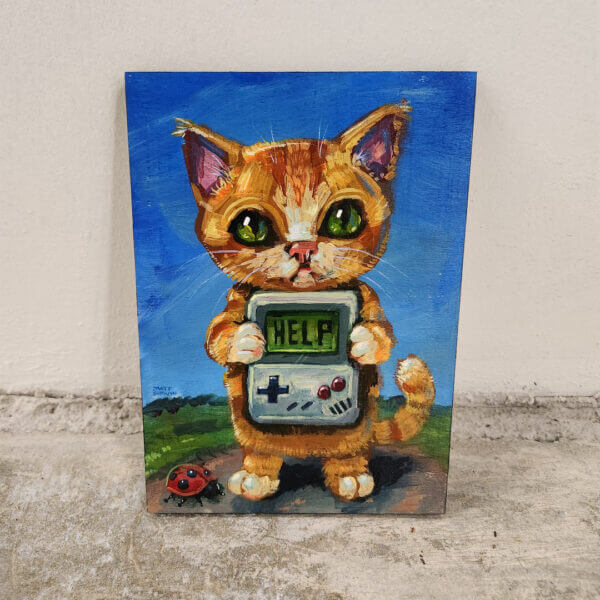 kitten with gameboy in trouble original acrylic painting on wood by matt godwin 5x7 - Buy Art for Sale By Artist - Handmade in South Florida USA