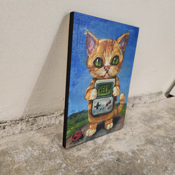 kitten with gameboy in trouble original acrylic painting on wood by matt godwin 5x7 - Buy Art for Sale By Artist - Handmade in South Florida USA