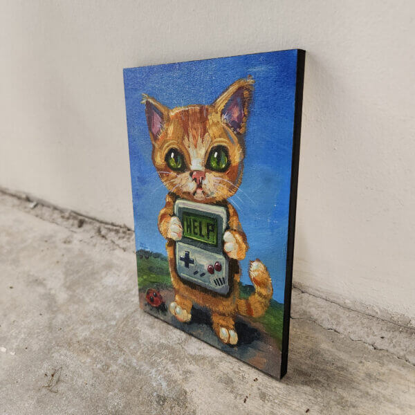 kitten with gameboy in trouble original acrylic painting on wood by matt godwin 5x7 - Buy Art for Sale By Artist - Handmade in South Florida USA