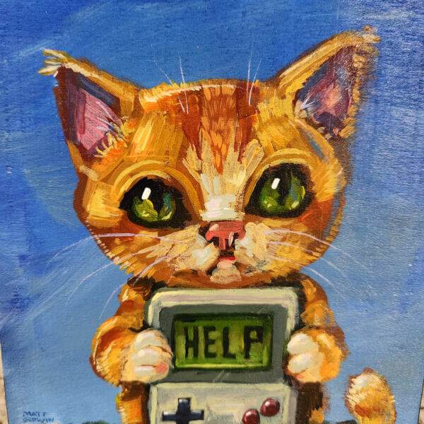 kitten with gameboy in trouble original acrylic painting on wood by matt godwin 5x7 - Buy Art for Sale By Artist - Handmade in South Florida USA