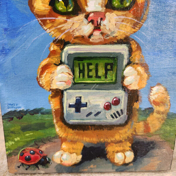 kitten with gameboy in trouble original acrylic painting on wood by matt godwin 5x7 - Buy Art for Sale By Artist - Handmade in South Florida USA