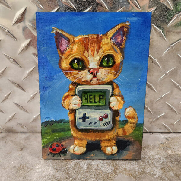 kitten with gameboy in trouble original acrylic painting on wood by matt godwin 5x7 - Buy Art for Sale By Artist - Handmade in South Florida USA