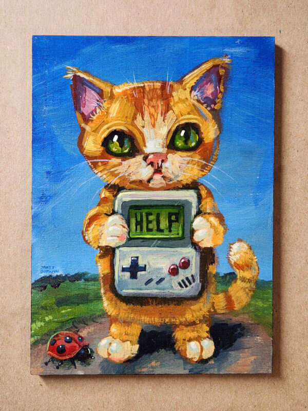 kitten with gameboy in trouble original acrylic painting on wood by matt godwin 5x7 - Buy Art for Sale By Artist - Handmade in South Florida USA