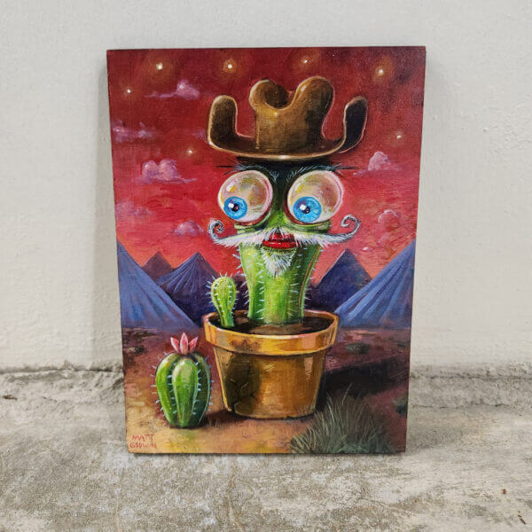 lonely cactus original acrylic painting on wood by matt godwin 5x7 - Buy Art for Sale By Artist - Handmade in South Florida USA