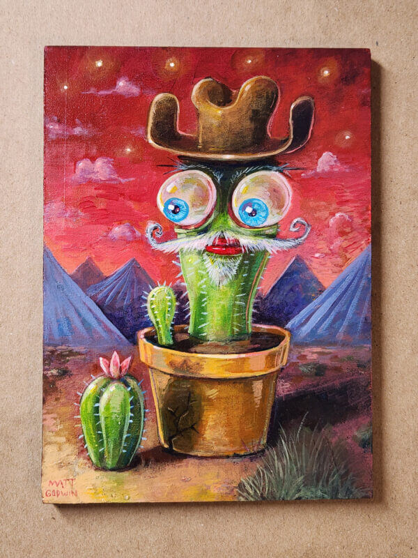 lonely cactus original acrylic painting on wood by matt godwin 5x7 - Buy Art for Sale By Artist - Handmade in South Florida USA