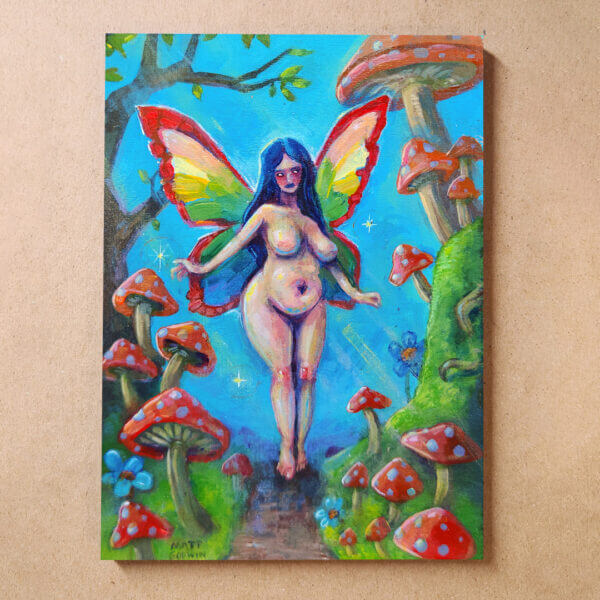 mushroom fairy original acrylic painting on wood by matt godwin 5x7 - Buy Art for Sale By Artist - Handmade in South Florida USA