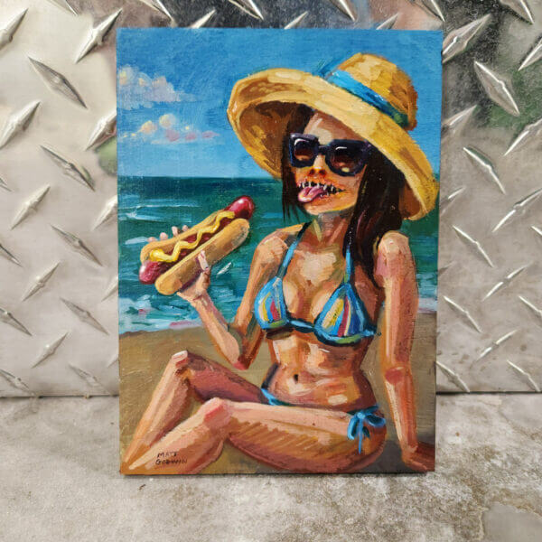 nightmare sunbather enjoys hotdog original acrylic painting on wood by matt godwin 5x7 - Buy Art for Sale By Artist - Handmade in South Florida USA