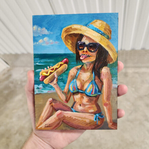 nightmare sunbather enjoys hotdog original acrylic painting on wood by matt godwin 5x7 - Buy Art for Sale By Artist - Handmade in South Florida USA