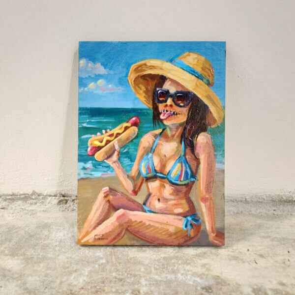 nightmare sunbather enjoys hotdog original acrylic painting on wood by matt godwin 5x7 - Buy Art for Sale By Artist - Handmade in South Florida USA