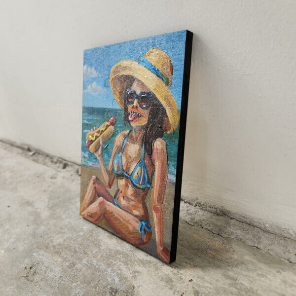 nightmare sunbather enjoys hotdog original acrylic painting on wood by matt godwin 5x7 - Buy Art for Sale By Artist - Handmade in South Florida USA