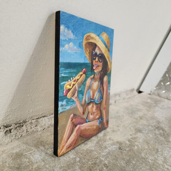 nightmare sunbather enjoys hotdog original acrylic painting on wood by matt godwin 5x7 - Buy Art for Sale By Artist - Handmade in South Florida USA