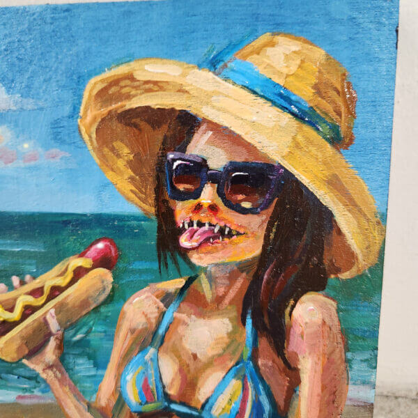 nightmare sunbather enjoys hotdog original acrylic painting on wood by matt godwin 5x7 - Buy Art for Sale By Artist - Handmade in South Florida USA