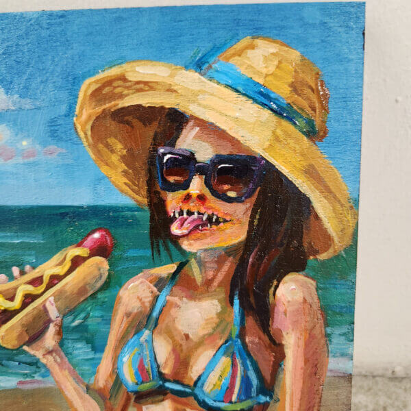 nightmare sunbather enjoys hotdog original acrylic painting on wood by matt godwin 5x7 - Buy Art for Sale By Artist - Handmade in South Florida USA