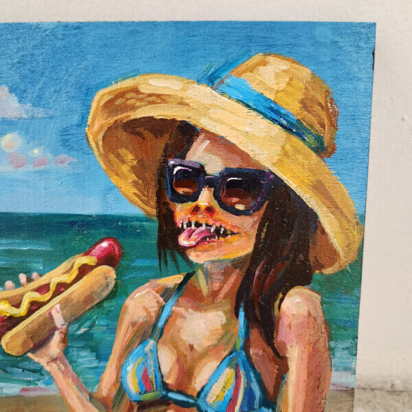 nightmare sunbather enjoys hotdog original acrylic painting on wood by matt godwin 5x7 - Buy Art for Sale By Artist - Handmade in South Florida USA