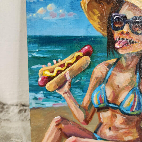 nightmare sunbather enjoys hotdog original acrylic painting on wood by matt godwin 5x7 - Buy Art for Sale By Artist - Handmade in South Florida USA