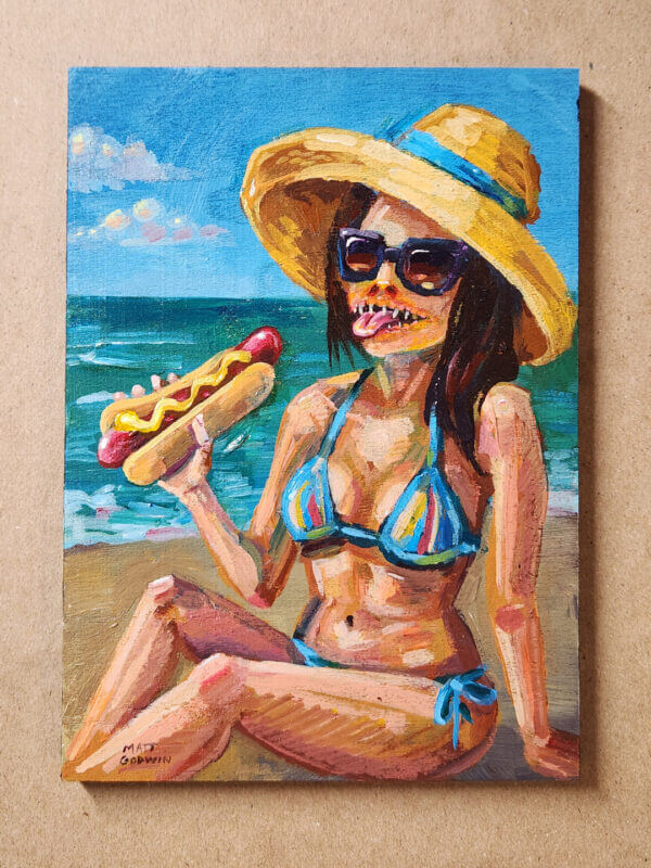 nightmare sunbather enjoys hotdog original acrylic painting on wood by matt godwin 5x7 - Buy Art for Sale By Artist - Handmade in South Florida USA