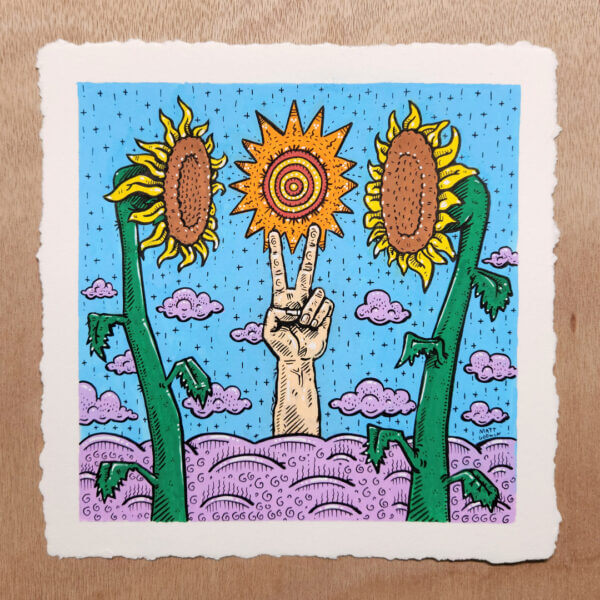 peace sign with sunflowers original acrylic and pen painting on paper by matt godwin 6x6 - Buy Art for Sale By Artist - Handmade in South Florida USA