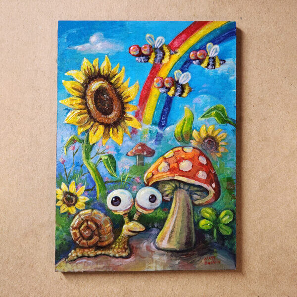 rainbow garden snail original acrylic painting on wood by matt godwin 5x7 - Buy Art for Sale By Artist - Handmade in South Florida USA