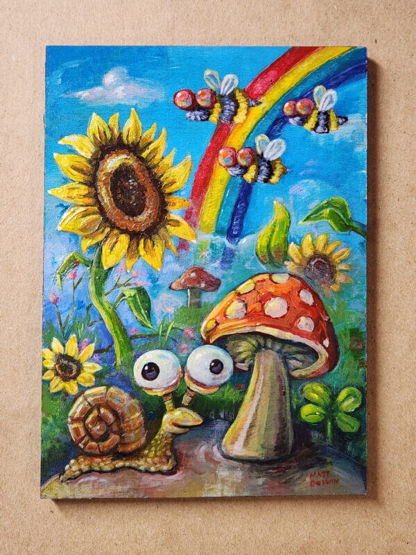 rainbow garden snail original acrylic painting on wood by matt godwin 5x7 - Buy Art for Sale By Artist - Handmade in South Florida USA