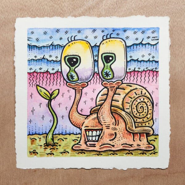 snail mesmerized by sapling original marker and watercolor painting on paper by matt godwin 6x6 - Buy Art for Sale By Artist - Handmade in South Florida USA