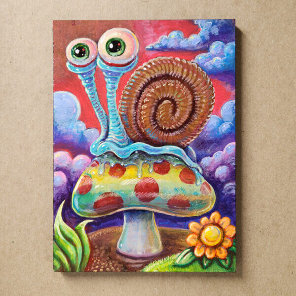 snail on mushroom original acrylic painting on wood by matt godwin 5x7 - Buy Art for Sale By Artist - Handmade in South Florida USA