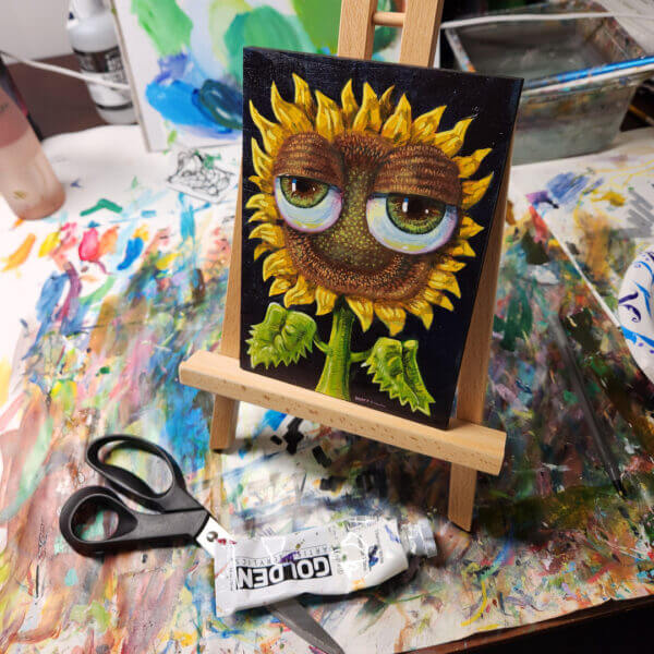 sunflower with bulbous eyeballs original acrylic painting on wood by matt godwin 5x7 - Buy Art for Sale By Artist - Handmade in South Florida USA