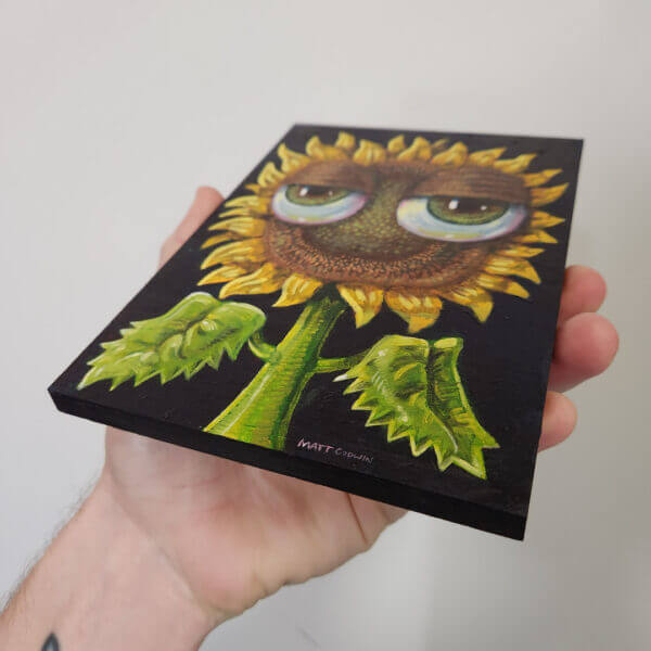 sunflower with bulbous eyeballs original acrylic painting on wood by matt godwin 5x7 - Buy Art for Sale By Artist - Handmade in South Florida USA