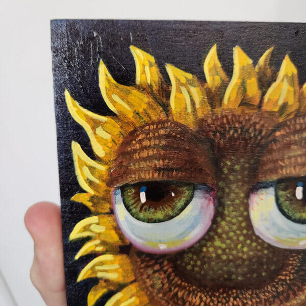 sunflower with bulbous eyeballs original acrylic painting on wood by matt godwin 5x7 - Buy Art for Sale By Artist - Handmade in South Florida USA