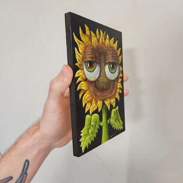 sunflower with bulbous eyeballs original acrylic painting on wood by matt godwin 5x7 - Buy Art for Sale By Artist - Handmade in South Florida USA