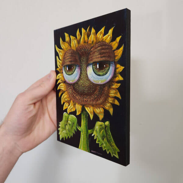 sunflower with bulbous eyeballs original acrylic painting on wood by matt godwin 5x7 - Buy Art for Sale By Artist - Handmade in South Florida USA