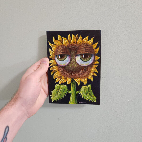 sunflower with bulbous eyeballs original acrylic painting on wood by matt godwin 5x7 - Buy Art for Sale By Artist - Handmade in South Florida USA