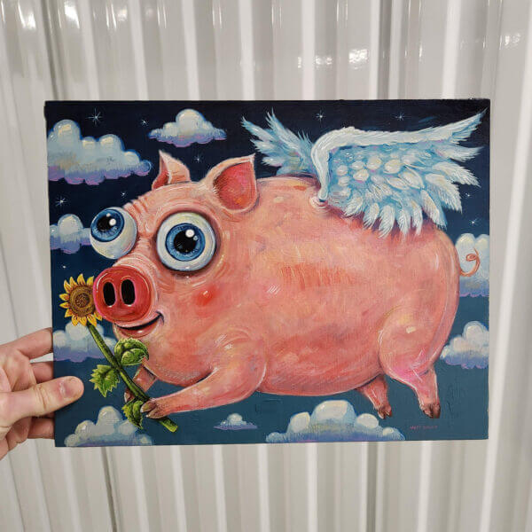 Flying Pig Painting with Happy Sunflower Original Art by Matt Godwin