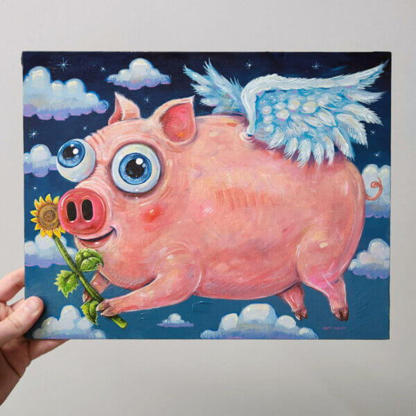 Flying Pig Painting with Happy Sunflower Original Art by Matt Godwin