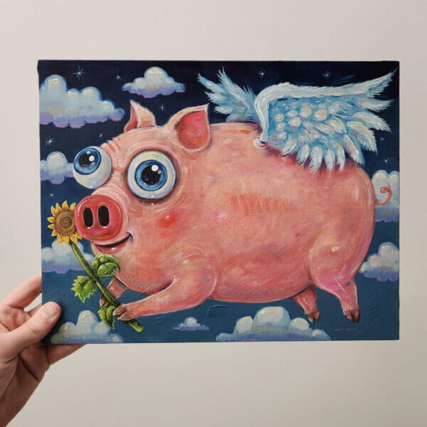 Flying Pig Painting with Happy Sunflower Original Art by Matt Godwin