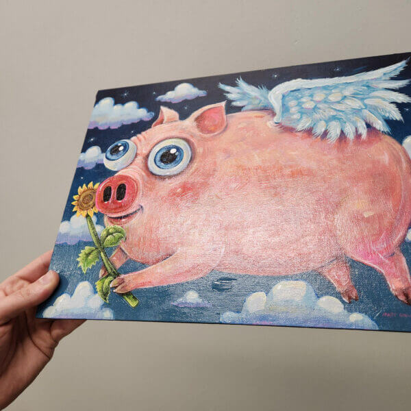 Flying Pig Painting with Happy Sunflower Original Art by Matt Godwin