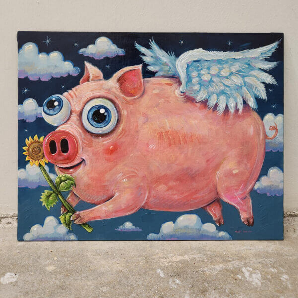 Flying Pig Painting with Happy Sunflower Original Art by Matt Godwin