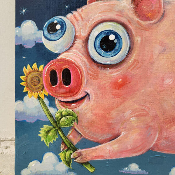 Flying Pig Painting with Happy Sunflower Original Art by Matt Godwin