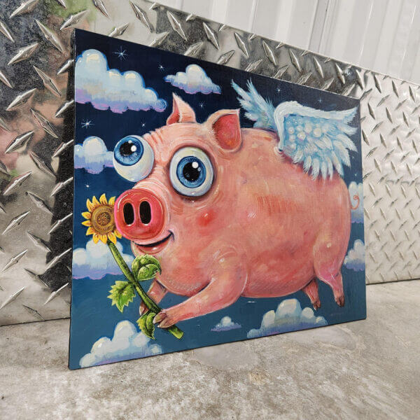 Flying Pig Painting with Happy Sunflower Original Art by Matt Godwin