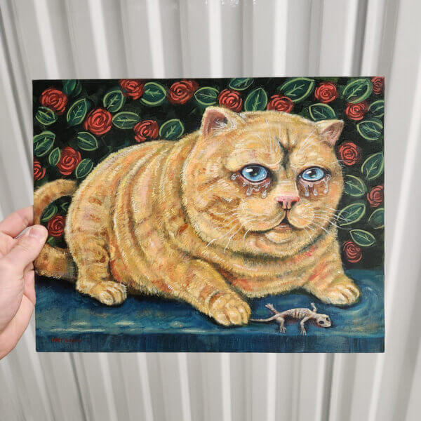 Original Painting of Crying Cat with Dead Lizard Art by Matt Godwin